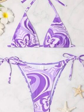 High waisted Purple Floral Swirl Tie-Side Bikini Set